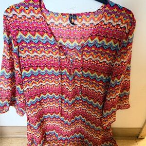 Portocruz Multicolor Chevron Chiffon Bathing Suit Cover Up XL 3/4 Sleeve